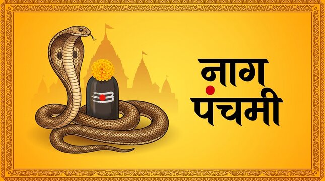 nag panchami illustration and Marathi, hindi Calligraphy of (nag panchami) with frame.