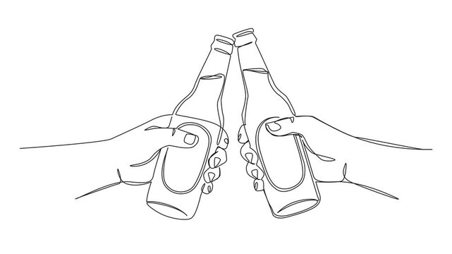 animated continuous one-line drawing of two hands clinking beer bottles together in a toast, celebration and party concept, line art animation