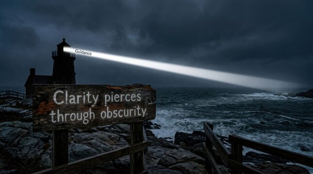 Lighthouse beam pierces dark stormy sky over ocean