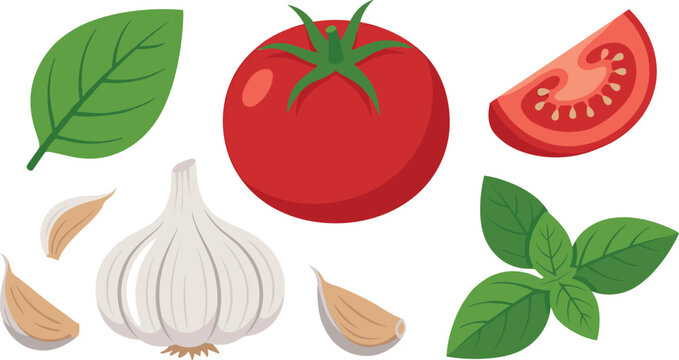 Italian food ingredients flat vector collection with organic red tomato basil leaf and garlic icons for healthy cooking recipe web design