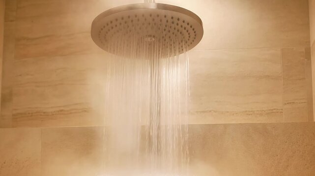 Modern rain shower head with flowing water. Luxury bathroom interior with falling water stream.