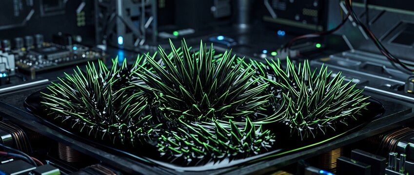 Magnetic ferrofluid liquid formation with glowing green light spikes interacting over high tech computer motherboard circuits in detailed close up scene