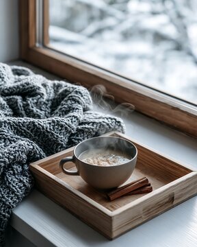 Warm drink and blanket by snowy window offer cozy comfort at home