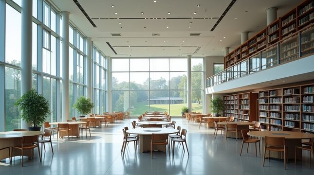 Biblioteca universitaria contempor&aacute;nea con grandes ventanales y mesas de estudio minimalistas