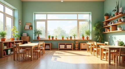 Aula de primaria con decoración educativa inspirada en la naturaleza, mobiliario de madera y plantas © Leonardo