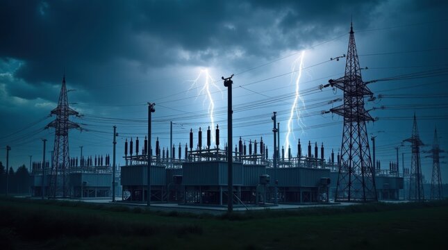 Subestaci&oacute;n el&eacute;ctrica rodeada de una intensa actividad de rayos; transformadores