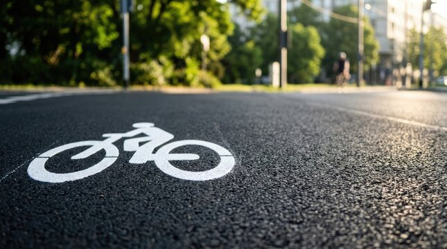 Urban Bike Lane with Painted Bicycle Symbol on City Street