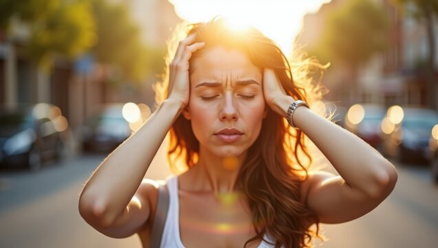 Young woman suffering from summer heat in city street at sunset, feeling hot during heatwave, urban lifestyle concept with warm sunlight, high temperature and exhaustion
