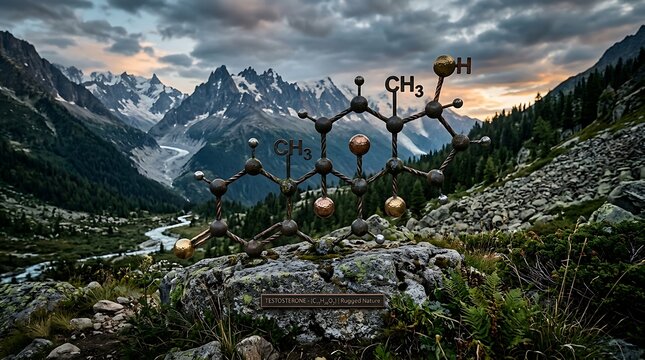 Testosterone Molecular Model Displayed on Rocky Alpine Mountain Landscape