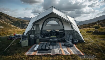 Obraz premium Camping setup in the mountains with a large tent, chairs, and camping gear on a rug