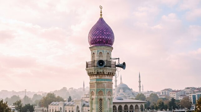 Islamic Minaret Tower with Purple Dome Against a Soft Sky.