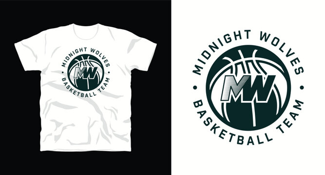 Midnight wolves basketball team t-shirt design, sport club logo emblem.