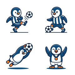 Penguin wearing soccer uniform kicking ball.