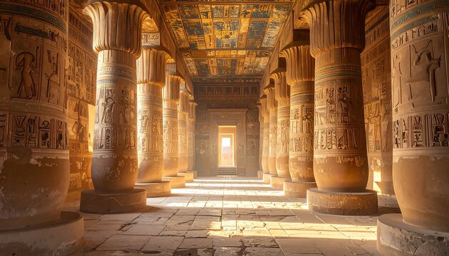 Ancient stone temple interior with golden light and pillars.