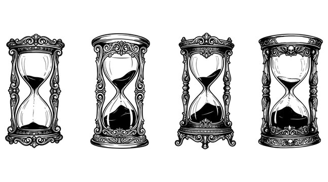 Vintage hourglasses with ornate decorative frames for tattoo and logo