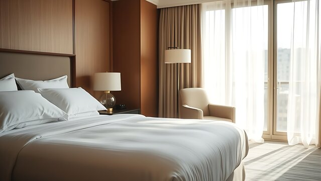 A hotel bedroom interior in the morning with a neatly made bed and natural light.