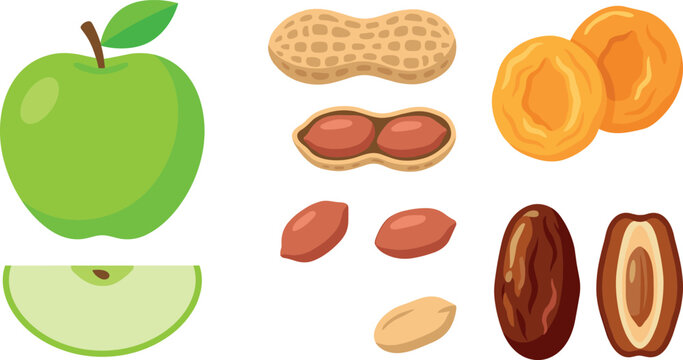PrintFlat vector icon collection of nutritious snacks including fresh apple slice raw peanuts organic dried apricot and sweet date fruits