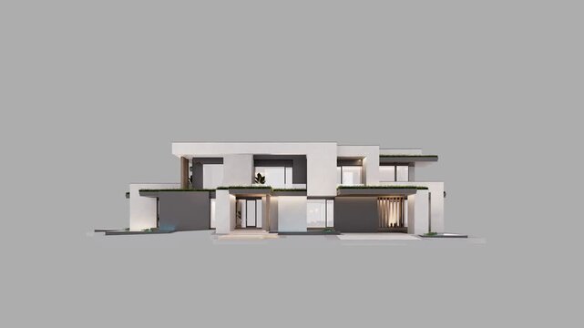4K video rendering of two-story house with parking and pool for sale or rent with concrete facade. In the evening. Isolated on gray