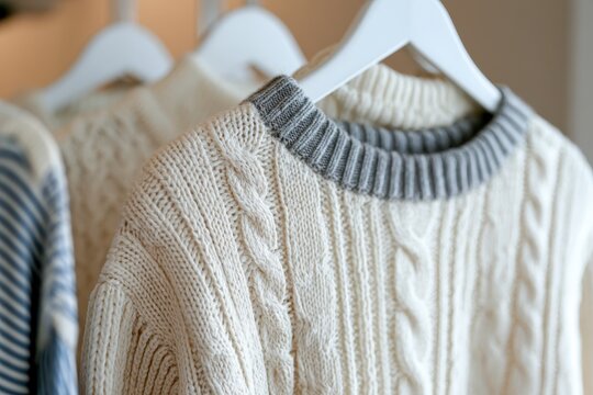 White cable-knit wool sweaters with ribbed gray neck collar crewnecks hang on wooden hangers. Cozy warm winter autumn knitted jumper clothing pieces arranged on display rack shelf in boutique close-up