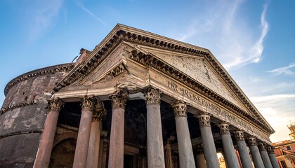 Obraz premium Ancient stone building with triangular pediment and columns under blue sky