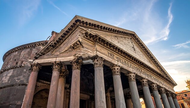 Ancient stone building with triangular pediment and columns under blue sky