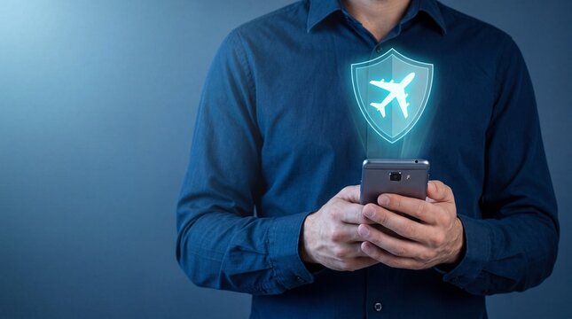 Man holding smartphone with digital airplane shield icon, representing travel security and protection in a modern digital environment