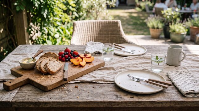 Sourdough bread board with berries and peaches on garden table