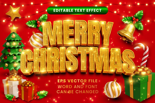 Luxury Gold Glitter Merry Christmas 3D Text Effect. Premium Editable Holiday Typography