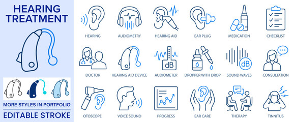 Hearing treatment line icons with editable stroke. Representing audiology, hearing aids, audiometry, ear care, tinnitus treatment and hearing diagnostics.
