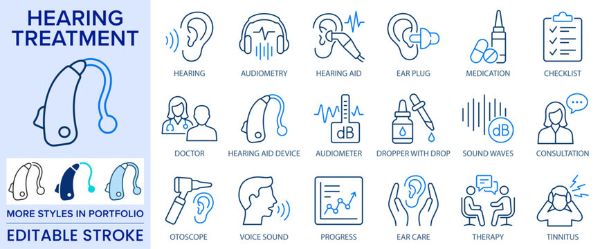 Hearing treatment line icons with editable stroke. Representing audiology, hearing aids, audiometry, ear care, tinnitus treatment and hearing diagnostics.