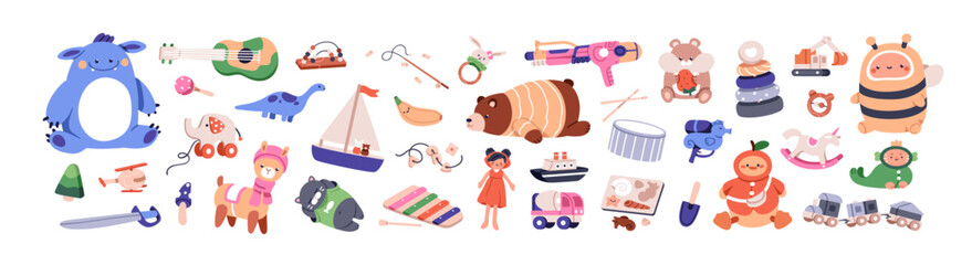 Cute Children Toys Vector Collection Colorful Kids Play Objects Plush Animals Wooden Toys Boat Ukulele and Games © Mr icons