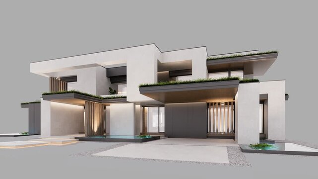 4K video rendering of two-story house with parking and pool for sale or rent with concrete facade. In the evening. Isolated on gray