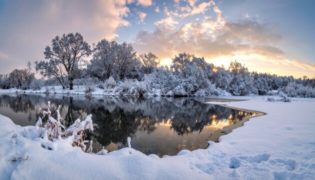 Serene Winter Landscape - Snow-Covered Trees Reflecting in Calm Lake at Sunset.