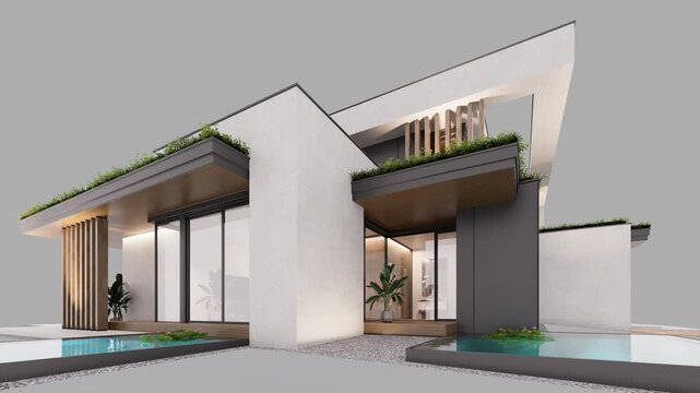 4K video rendering of two-story house with parking and pool for sale or rent with concrete facade. In the evening. Isolated on gray