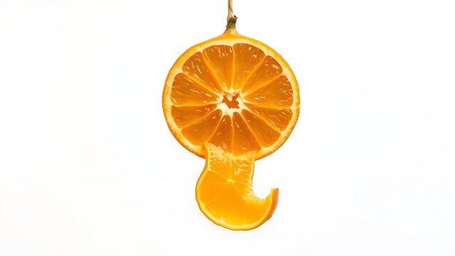 Half-peeled orange with dangling peel, revealing juicy segmented fruit inside.