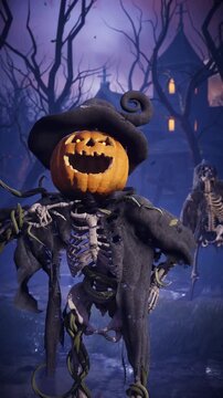 Funny 3D animation of Halloween pumpkin head skeleton talking, scaring and laughing in spooky night cemetery. Humorous talking jack o lantern character gesturing in scary foggy graveyard.