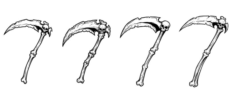 Set of grim reaper scythes with skull handles for tattoo and logo