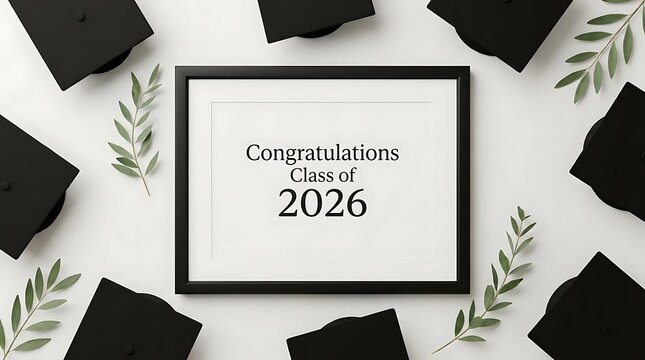 2026 graduation frame with black mortarboards and green leaves arranged on a white background for a celebratory academic achievement card or poster design
