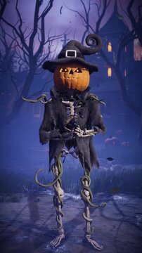 Funny 3D animation of Halloween pumpkin head skeleton talking, scaring and laughing in spooky night cemetery. Humorous talking jack o lantern character gesturing in scary foggy graveyard.