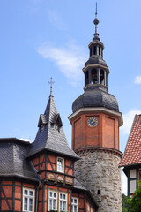 Fototapeta premium Close-up of the Seigerturm (inner town wall) in Stolberg (Harz), Saxony-Anhalt, Germany. 