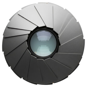 Modern camera lens aperture iris mechanism isolated on a transparent background