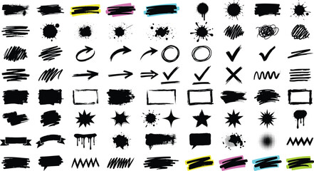 Graffiti spray paint splatters and drips vector silhouette set, with street art checkmarks stars elements © Akramul