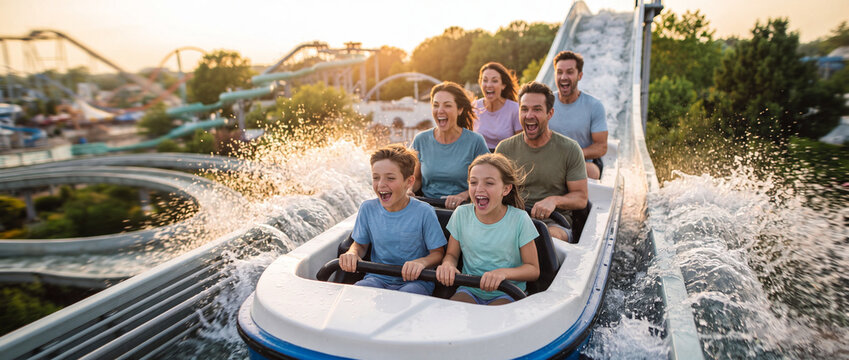 Excited family riding water log flume splashing through bright white water under warm sunset light, perfect for summer vacation travel ads and family lifestyle marketing campaigns