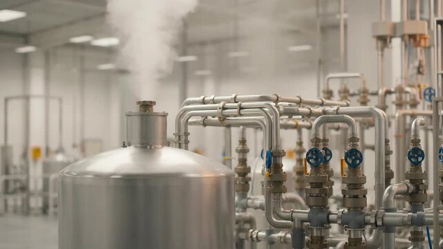 Industrial steam venting from metal tank. Processing plant pipes and valves in operation.