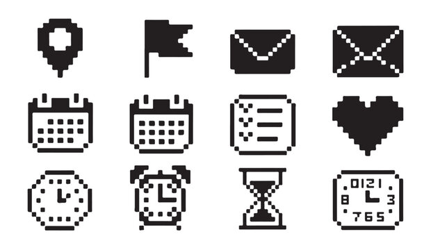 Pixel art interface icons set with calendar clock location and heart symbols for design.