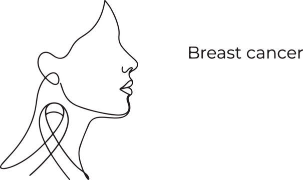 National breast cancer awareness month minimalist line art of a woman's profile with pink ribbon