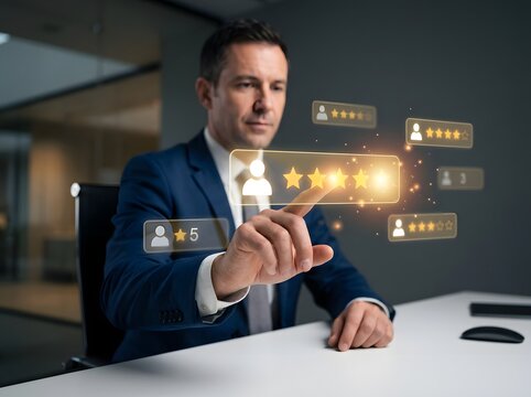 A professional male executive interacts with a holographic interface to provide a positive five star feedback rating for service excellence within a digital corporate environment during his