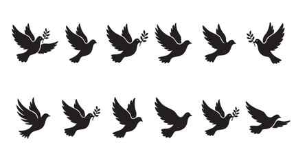 Fototapeta premium Peace Dove Icon Set Bundle | Flying Dove with Olive Branch Vector Collection | Bird Silhouette Clipart for Peace, Wedding, Freedom, Religious & Nature Design