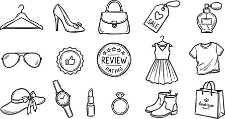 Obraz premium Shopping fashion and boutique line icon set cute doodle dress bag shoe hanger badge ring vector