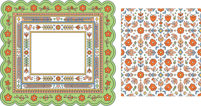 Cute folk art floral frame and seamless pattern vector set, with decorative borders birds backgroundCute folk art floral frame and seamless pattern vector set, with decorative borders birds background